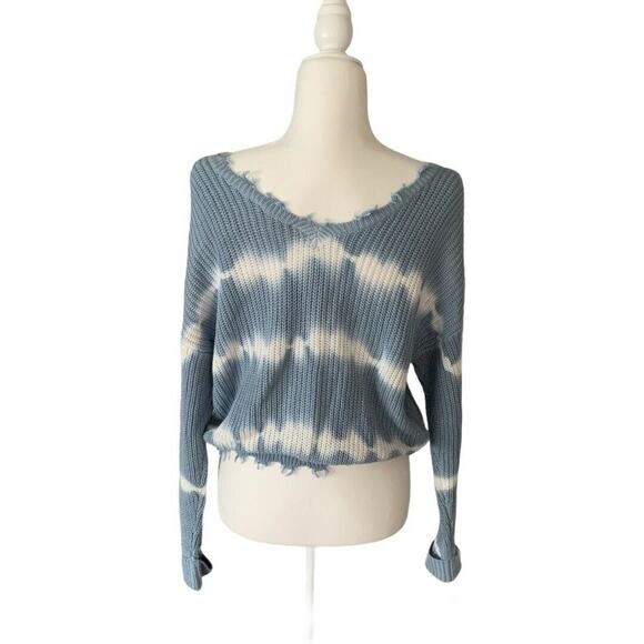 Jessica Simpson Frayed Cropped V Neck Sweater Knit Size Small Blue White Boho - Picture 4 of 9